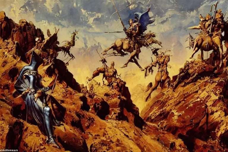 Image similar to a beautiful painting of a rocky landscape covered with bodies of medieval soldiers in shiny armors, dawn, by Frank Frazetta, by Georgia o keeffe, by Gustave Moreau