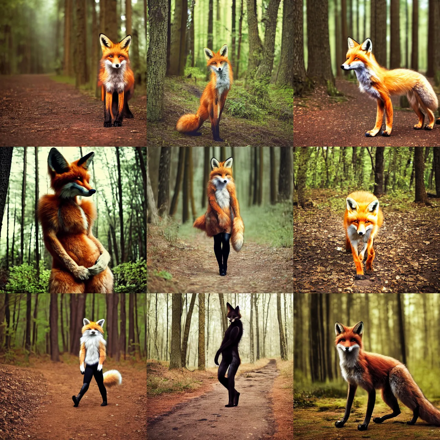 Prompt: anthro furry digitigrade natural - colored fox woman with black paws, walking upright in a forest, portrait, cinematic