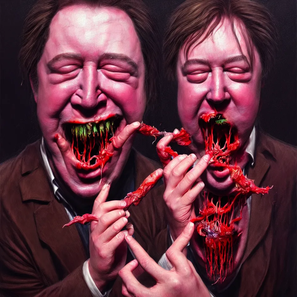 Image similar to weird and disturbing psychedelic bill hicks eating rotten flesh, laughing and puking blood, diffuse lighting, fantasy, intricate, elegant, highly detailed, lifelike, photorealistic, digital painting, artstation, illustration, concept art, smooth, sharp focus, art by francis bacon