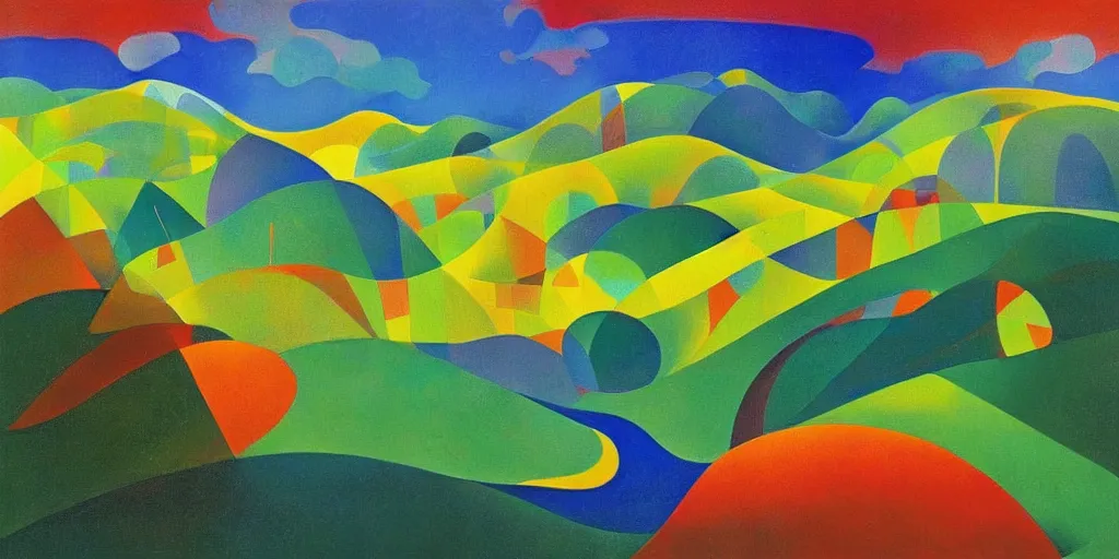 Prompt: A modernist landscape painting. Wild energy patterns rippling in all directions. Curves, zig-zags. Organic. Mountains. Clouds. Vegetation. Rushing water. Waves. LSD. Fauvism. Odilon Redon. Agnes Pelton. Peter Max.