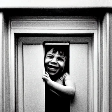 Image similar to a little kid looking through a vertical crack on a white wooden door while grinning maniacally, a film still from the 1 9 8 0 movie the shining, 8 k, grainy, portrait, extremely detailed, close - up, arriflex 3 5 bl