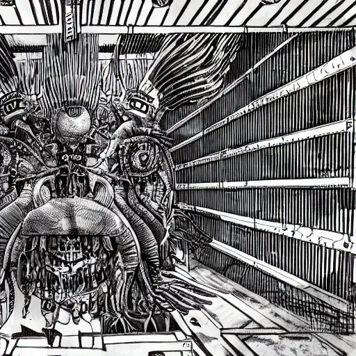 Image similar to scientists studying quetzalcoatl locked in a cage in a warehouse, 1 9 6 0's sci - fi, black and white, 8 k, highly ornate intricate details, extreme detail, punk xerox