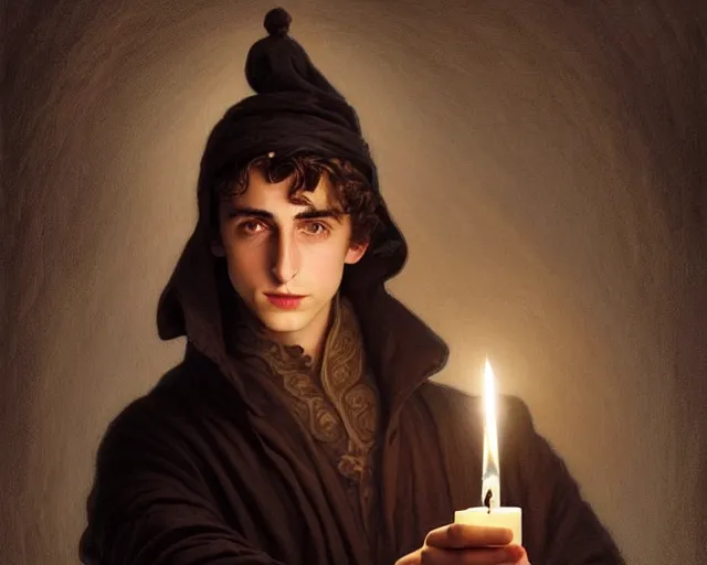 Image similar to a mind - blowing portrait of fortune seeker timothee chalamet, holding a candle holder, wearing dark maritime clothing, long night cap, deep focus, d & d, fantasy, intricate, elegant, highly detailed, digital painting, artstation, concept art, matte, sharp, illustration, hearthstone, art by artgerm and greg rutkowski and alphonse mucha