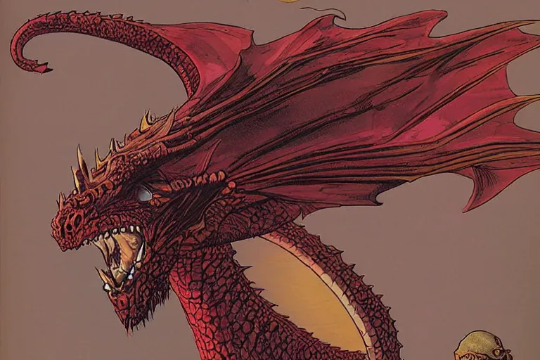 Image similar to red scaled dragon facing camera by larry elmore and vincent di fate