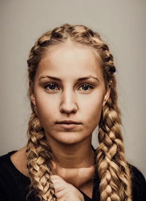 Prompt: portrait of a 2 3 year old woman, symmetrical face, blonde braided hair, she has the beautiful calm face of her mother, slightly smiling, ambient light