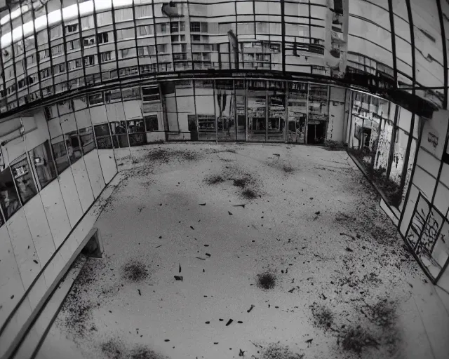Prompt: camera footage of an abandoned shopping mall overtaken by spiders and webs, high exposure, dark, monochrome, camera, grainy, CCTV, security camera footage, timestamp, zoomed in, fish-eye lense, spiders!!, webs!!