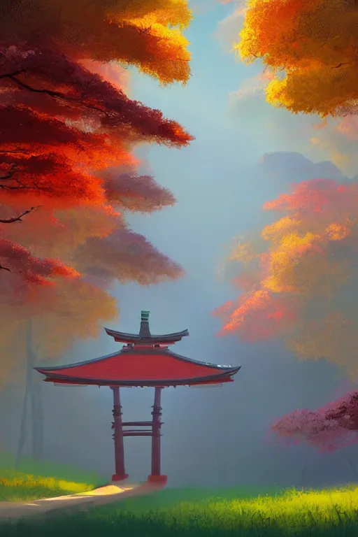 Image similar to Japanese Torii in a colorful moutain with trees ,morning , by Grzegorz Rutkowski, concept art