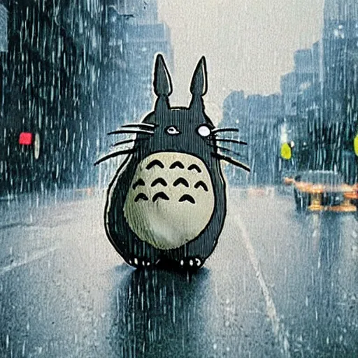 Image similar to Totoro is hailing a cab in the rain