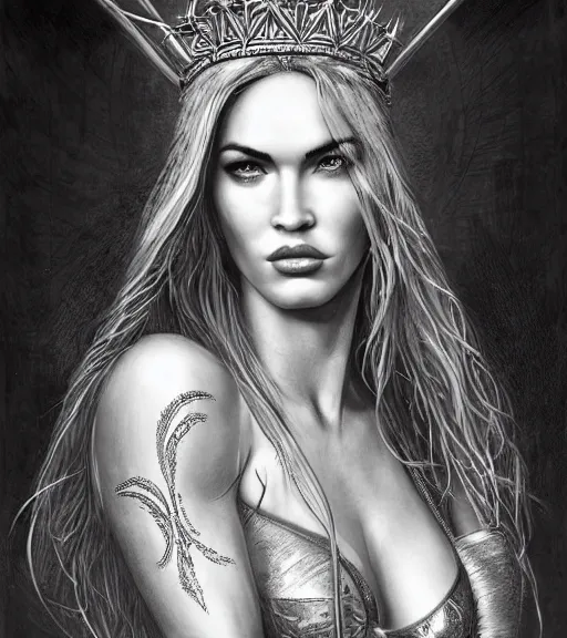 Image similar to portrait of megan fox as beautiful aphrodite goddess as an archer, arrow crown, beautiful piercing eyes, flowing blonde hair, realistic face, black and white drawing, in the style of greg rutkowski, fantasy, amazing detail, epic, intricate, elegant, smooth, sharp focus