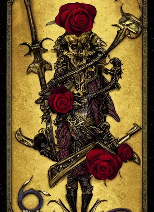 Prompt: tarot card :: horror :: hearts and roses :: gold and silver :: guns and swords :: by deiv calviz and bossmonsterbani