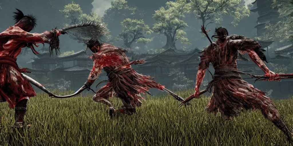 Prompt: a stunning screenshot of a flesh forest in sekiro