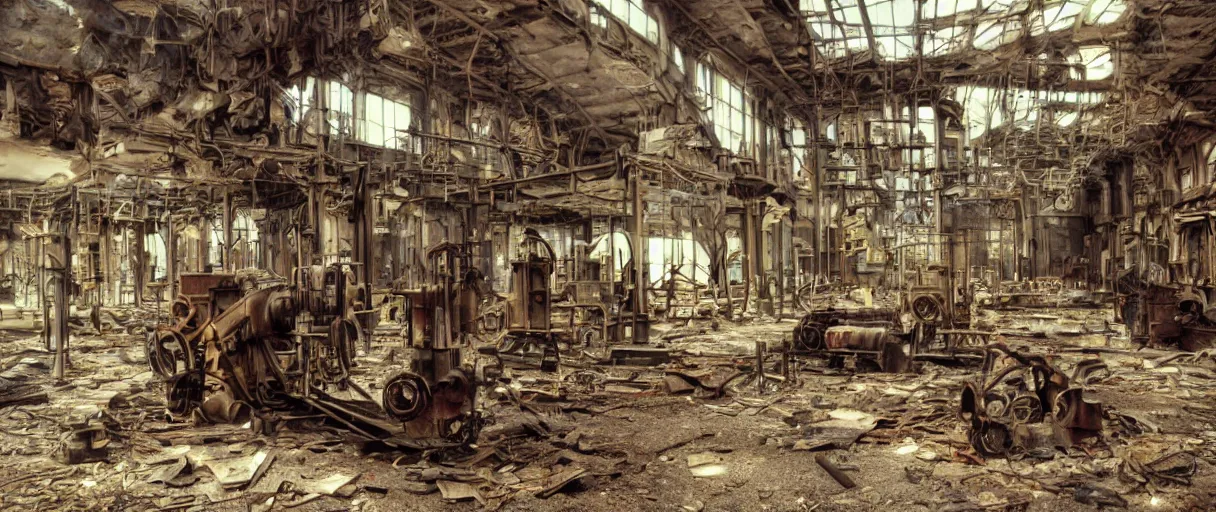 Image similar to movie still 4 k uhd 3 5 mm film color photograph of an abandoned steampunk workshop full of xix century differential machines