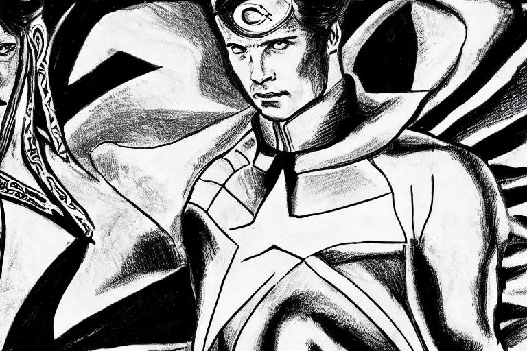 Image similar to black and white drawing of captain america wearing doctor strange costume by sandro botticelli in 4 k ultra high resolution, with inspiring feeling