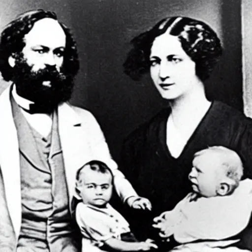 Image similar to Karl Marx and Ayn Rand holding baby, photo, 1920, hospital backround