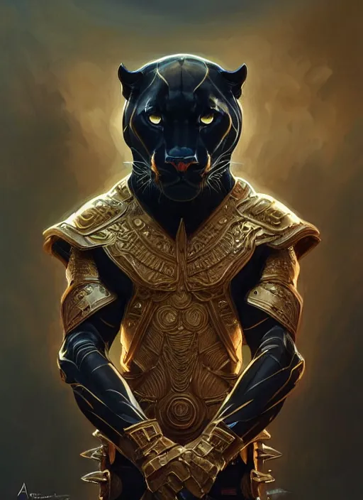 Image similar to symmetry!! portrait of a panther, d & d, armour! muscular, fantasy, intricate, elegant, highly detailed, digital painting, artstation, concept art, smooth, sharp focus, illustration, art by artgerm and greg rutkowski and alphonse mucha