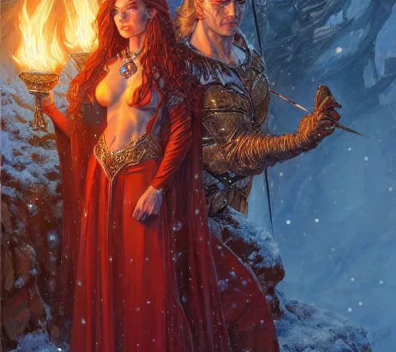 Image similar to The Fire Queen, beautiful young woman, snow, ice, cinematic, hyperdetailed | donato giancola, ralph horsley, Artem Demura | waist-up portrait | dungeons and dragons