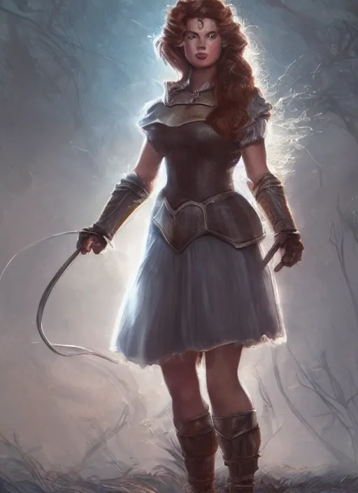 Image similar to beautiful female dorothy gale, rebecca romijn as dorothy, full body character concept, full steel armor, super powers, fantasy, intricate, elegant, highly detailed, digital painting, artstation, concept art, shining, sharp focus, illustration, art by stanley lau