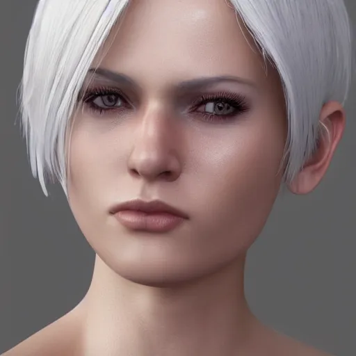 Image similar to Beautiful woman, straight hairstyle, white eyes, white hair, realistic render, short hair, unreal engine render, Icaro Carvalho