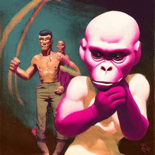 Prompt: monk fight monkey with pink gloves, retro 5 0 s style, art by by greg rutkowski and siudmak and richard corben and moebius