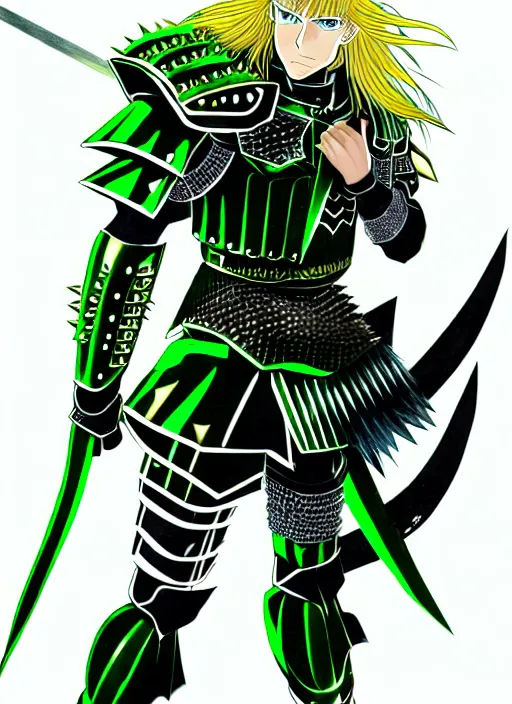 Image similar to a detailed anime full body portrait of a male warrior with long blonde hair and blue eyes wearing evil green spiked cyberpunk armour by hirohiko araki,