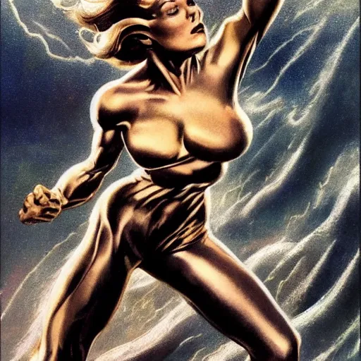 Image similar to ultra realistic portrait of a female silver surfer, as an outlaw, art by frank frazetta, vintage levi ’ s ad, stormy weather, dark vibes, 4 k, ultra realistic, highly detailed, epic lighting