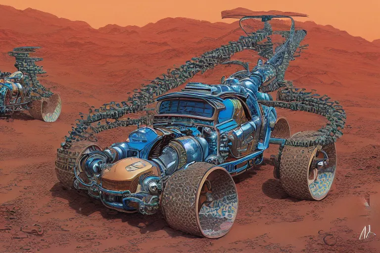 Prompt: a detailed painting of a martian hot - rod, billowing fractal clouds of dust from the tires, by moebius and geof darrow, cinematic, concept art, detailed, intricate lines, trending on artstation