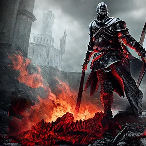 Prompt: a glossy promotional image for the upcoming dark fantasy action movie 'Dark Souls'