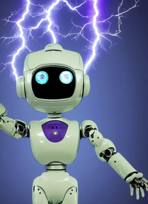 Image similar to apocalyptic scene, a cute humanoid robot holds a trophy over his head with purple and teal lightning in the background