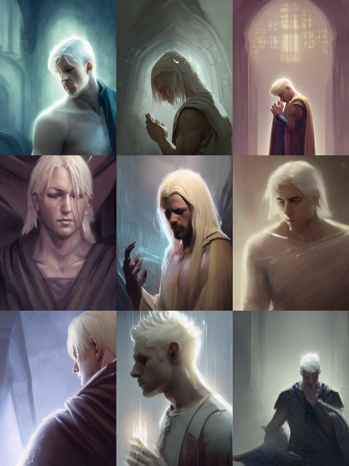 Prompt: dramatic masterpiece Greg Rutkowski male Aasimar cleric with platinum blonde hair praying amidst sorrow, realistic, cinematic lighting, WLOP, dungeons and dragons
