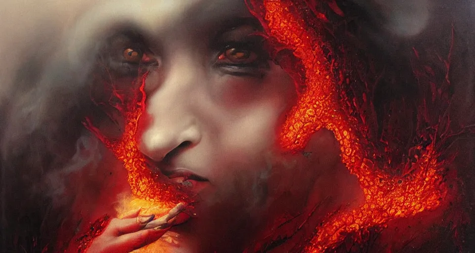 Prompt: a volcano made of ivory vines and crimson rocks enters in eruption, it spits a smoke in the shape of demonic eye, by Karol Bak