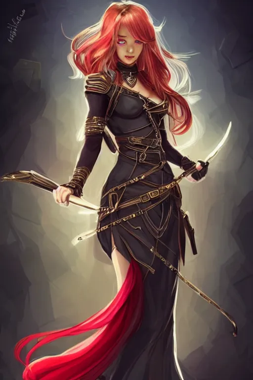 Image similar to a full body portrait of a gorgeous female ranger, looking at camera, D&D, choker on neck, stylish dress, very long flowing red hair, intricate, elegant, stylish, cute slightly nerdy smile, mouth slightly open, fantasy, extremely detailed, digital painting, artstation, concept art, smooth, sharp focus, illustration, stunning lighting, art by artgerm and greg rutkowski and alphonse mucha and simon stalenhag