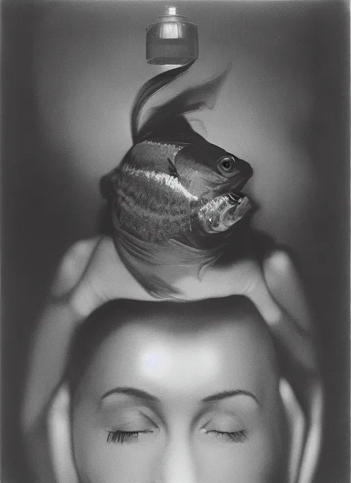 Image similar to female head in a aquarium, lights caustic, tropical fish, surreal photography by Man Ray