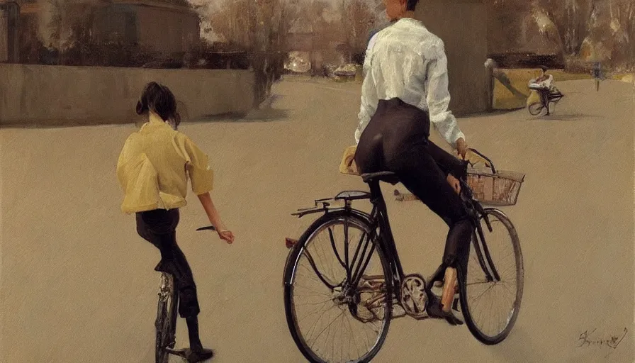 Image similar to painting by borremans, bella hadid riding a bike, detailed, stunning