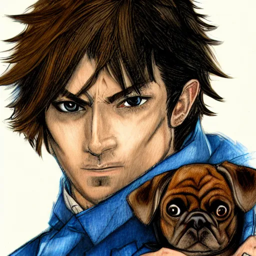 Image similar to self portrait, young white hispanic handsome man with short light brown hair and light skin and a 5 o clock shadow, holding a pug for a picture, fighting against 2 swordsmen pencil art, added detail, high definiton, colored, backfacing, illustrated by yoji shinkawa