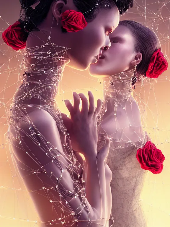 Image similar to a complex 3d concept art ultra detailed of two tulle wrapped perfect human face female half android queens praying together with wires tangled behind them connected to giant computer,bowknot, fine lace. GUCCI,sculpture,red rose, sparkling, jewel embellishment, cyberpunk 2077, film lighting, by Stanely Artgerm, Tom Bagshaw, Andrei Riabovitchev, aaron horkey, trending on pinterest,ZBrush, full of color, luxury, mythological, ultra realistic, high detail,golden ratio,cinematic lighting