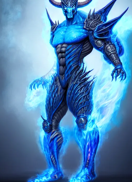 Image similar to muscular and tall blue ghostly fire humanoid dragon!!!! draconian!! intricate ornate iridescent heavy armor!! character concept art, sharp focus, octane render! unreal engine 5! highly rendered!! trending on artstation!! detailed linework!! illustration by artgerm, wlop, and chie yoshii