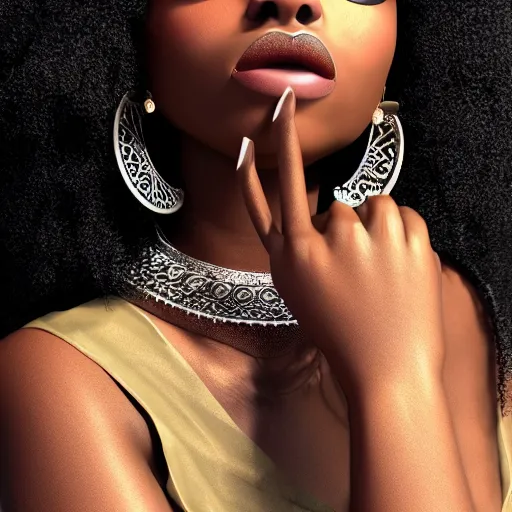 Image similar to young, super cute funky black girl, afro, intricate hair details, jewellery, big hooped earrings, long nails, off the shoulder shirt, sultry look, soulful, pouty lips, adorable, disney, real life, octane render, 8 k, volumetric lights, rim light, character details, 3 d, award winning, model, beautiful, gorgeous