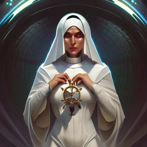 Image similar to futuristic nun, sci-fi, fantasy, intricate, elegant, highly detailed, digital painting, artstation, concept art, smooth, sharp focus, illustration, art by artgerm and greg rutkowski and alphonse mucha