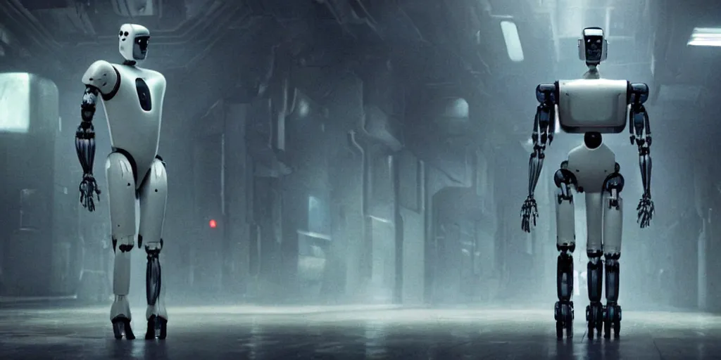 Prompt: human - like robot android in big datacenter shot from ridley scott blade runner movie