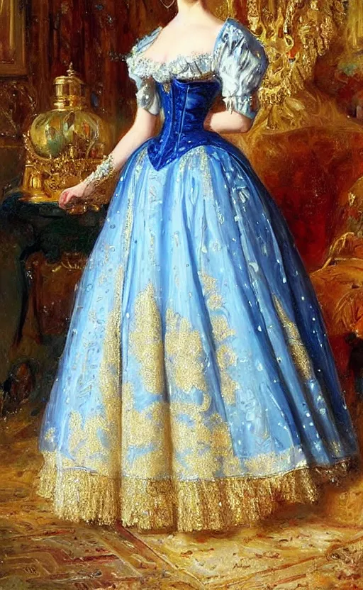 Image similar to Elegant laydy in blue robotic victorian dress with gold ornaments. By Konstantin Razumov, highly detailded