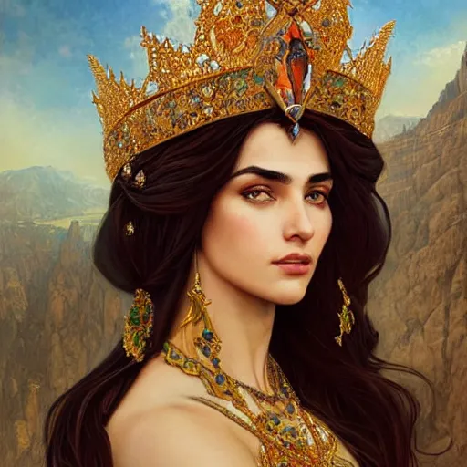 Image similar to portrait of a stunningly beautiful kurdish queen wearing a beautiful crown, highly detailed, digital painting, artstation, concept art, sharp focus, illustration, art by artgerm and greg rutkowski and alphonse mucha, incredibly beautiful and symmetrical face, incredibly detailed, award winning art, royal