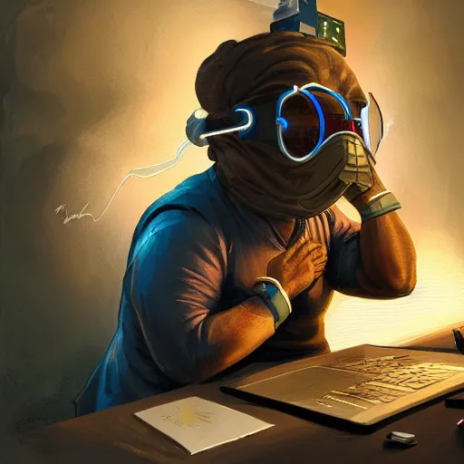 Image similar to an insanely detailed painting of a chubby and nerdy asian man wearing a homemade superhero costume and mask, sitting at a computer desk typing on the keyboard, in the style of peter mohrbacher, dramatic lighting and composition, trending on artstation, concept art, comic book, graphic novel, back view