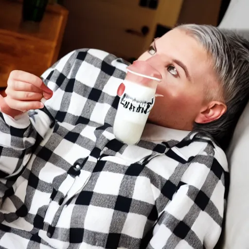 Prompt: a photo of an elephant wearing human flannel pajamas with a checked pattern and drinking a hot milk and relaxing on the couch