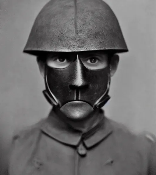 Image similar to person wearing leather mask, ww1 photo, grainy, high detail, high resolution, tehnicolor