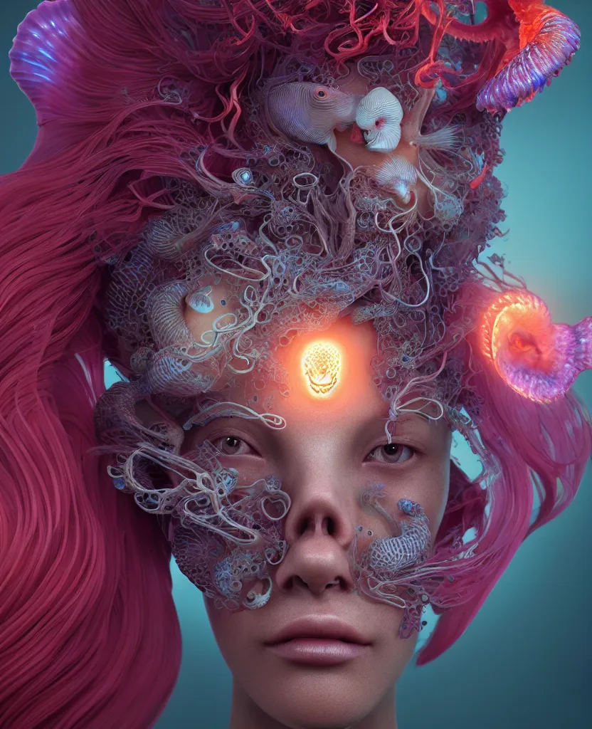 Image similar to goddess close-up face portrait. chimera orchid jellyfish phoenix head, nautilus, skull, betta fish, bioluminiscent creatures, intricate artwork by Tooth Wu and wlop and beeple. octane render, trending on artstation, greg rutkowski very coherent symmetrical artwork. cinematic, hyper realism, high detail, octane render, 8k