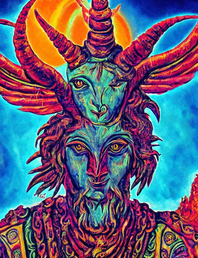 Image similar to the ancient god Baphomet, horned god of wisdom gnostic mystery religion, oil painting (beautiful), chromatic aberration strange colors