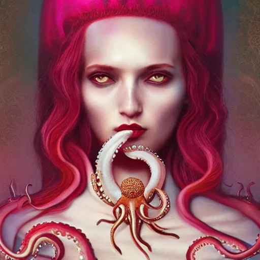 Image similar to queen of octopus with pearls embedded, portrait, pink and gold, nouveau, beautiful, by Anato Finnstark, Tom Bagshaw, Brom