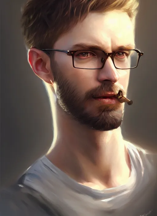 Prompt: a _ fantasy _ style _ portrait _ painting _ of white male short hair glasses stubble light brown hair big mouth, rpg dnd oil _ painting _ unreal _ 5 _ daz. _ rpg _ portrait _ extremely _ detailed _ artgerm _ greg _ rutkowski _ greg