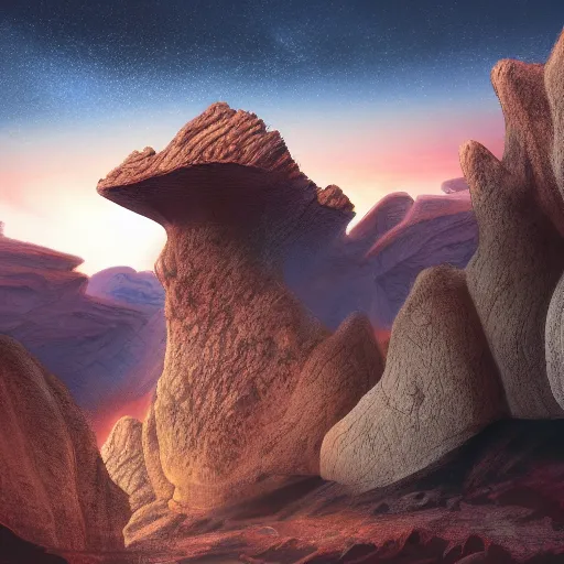 Image similar to fine illustration of exaggerated landscape gorge on an exoplanet, alien edifice, rock formations, twilight