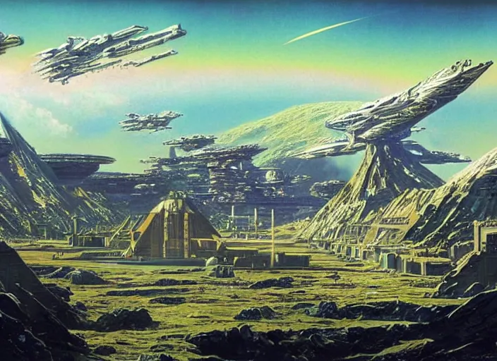 Prompt: a spaceport in a stunning landscape by bruce pennington